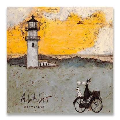 Artistic depiction of a lighthouse with a person on a bicycle and a dog in a basket against a yellow sky.