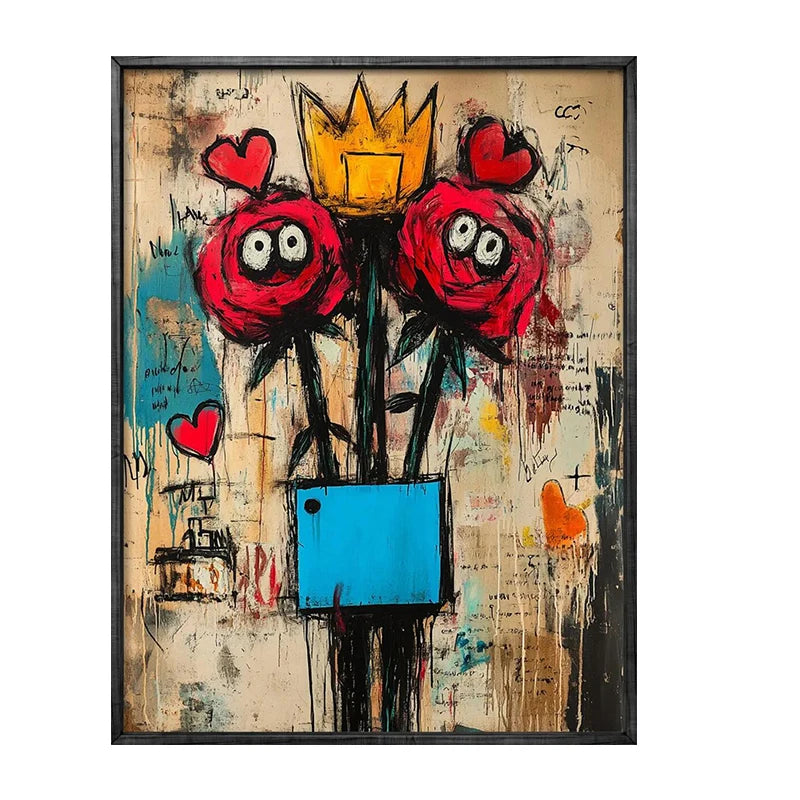 Abstract artwork with red flowers, a yellow crown, and a blue pot on a textured background.