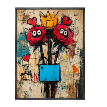 Abstract artwork with red flowers, a yellow crown, and a blue pot on a textured background.