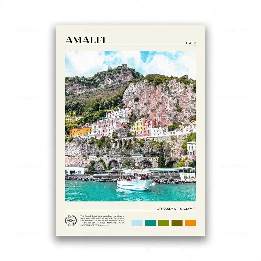 Poster of Amalfi, Italy with a scenic view of coastal buildings and a boat.