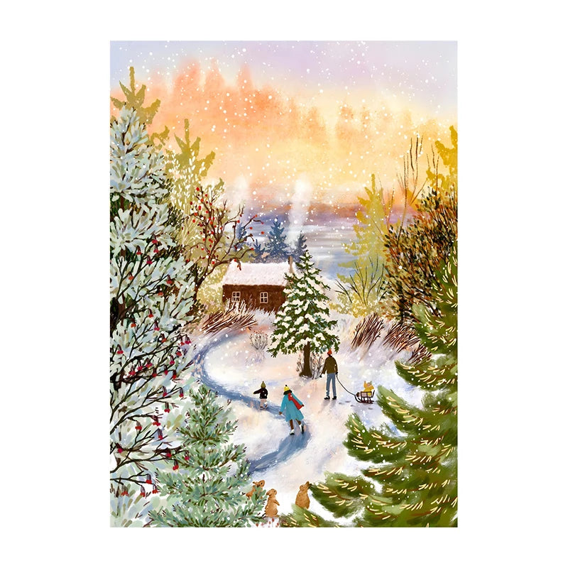 Winter scene with people skating on a frozen lake, surrounded by snow-covered trees and a small cabin.