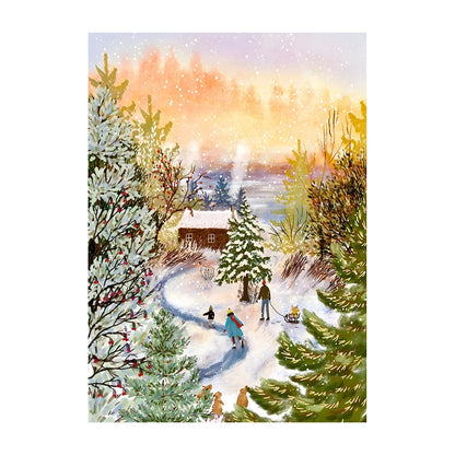 Winter scene with people skating on a frozen lake, surrounded by snow-covered trees and a small cabin.