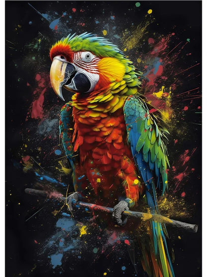 Colorful parrot illustration on a dark background with splashes of paint