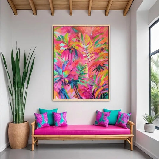 Modern interior with a colorful abstract painting, pink bench, and green plants. Canvas & Curio