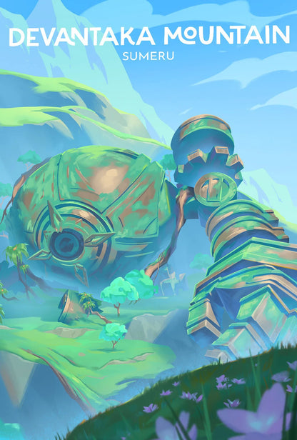 Illustration of a futuristic landscape with a robot and mountain, featuring the text 'Devantaka Mountain Sumeru'.