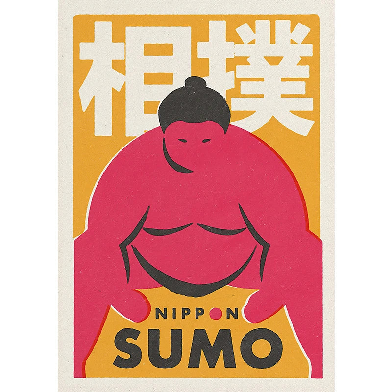 Poster with Japanese text and colorful design of a sumo on a white background