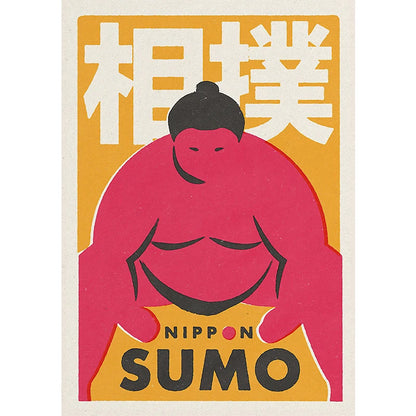 Poster with Japanese text and colorful design of a sumo on a white background