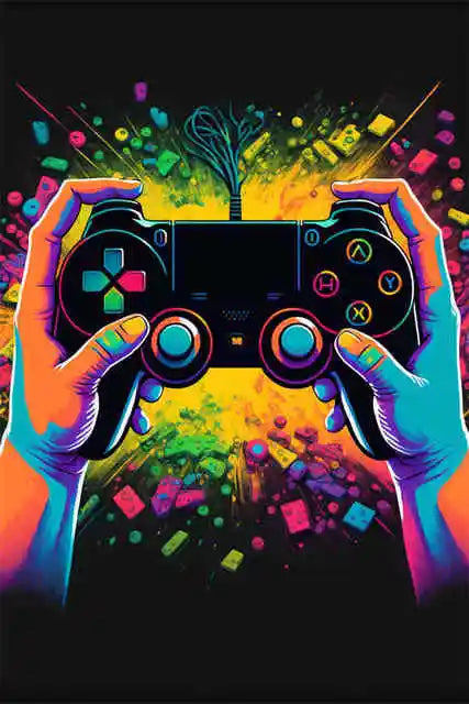 Colorful illustration of hands holding a gaming controller with a vibrant, abstract background.