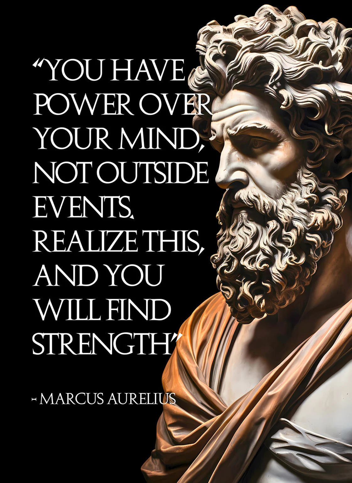 Statue of a bearded man with a quote by Marcus Aurelius on a black background