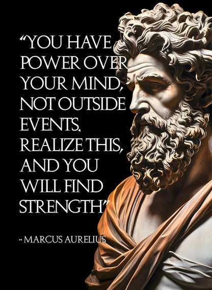 Statue of a bearded man with a quote by Marcus Aurelius on a black background