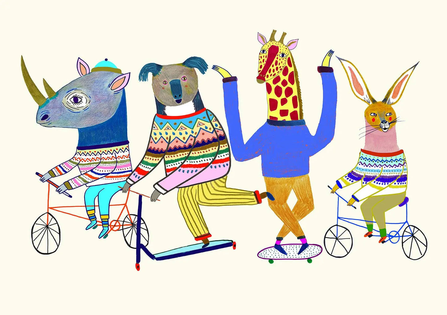 Illustration of four animals wearing colorful clothing and riding bicycles and scooters.