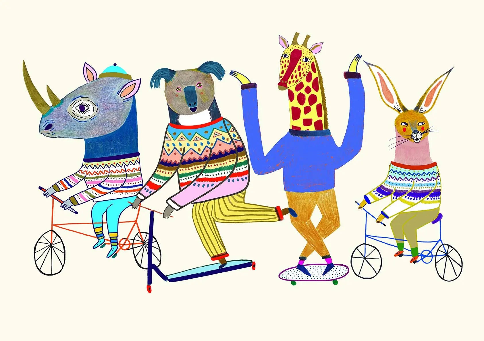Illustration of four animals wearing colorful clothing and riding bicycles and scooters.