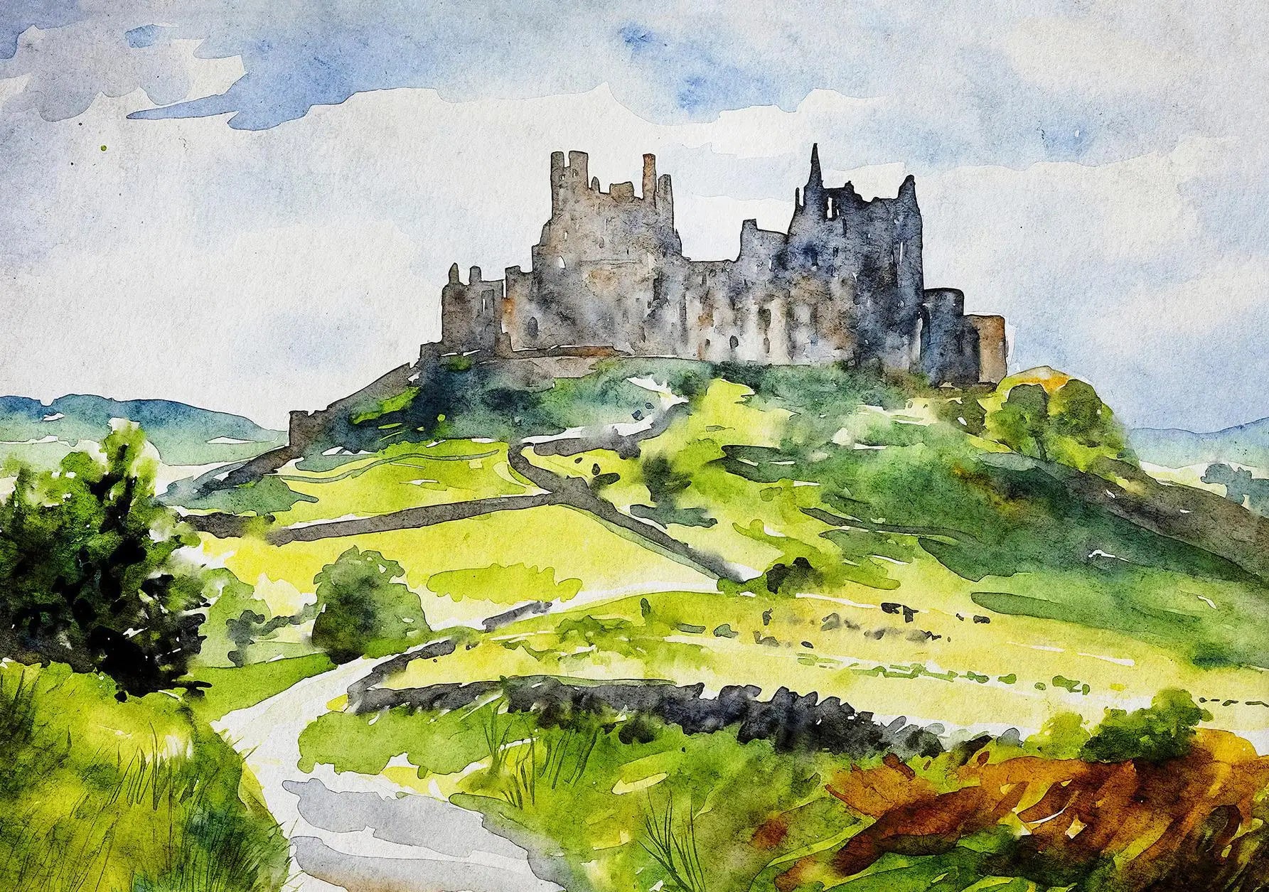 Watercolor painting of a castle on a hill with green landscape and blue sky.