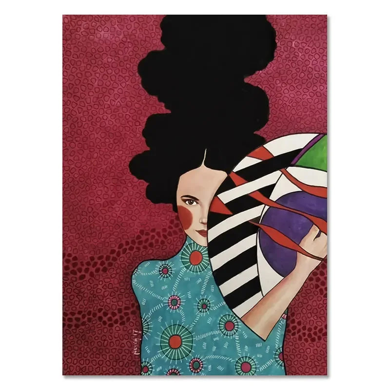 Artistic depiction of a woman with a colorful scarf against a patterned red background