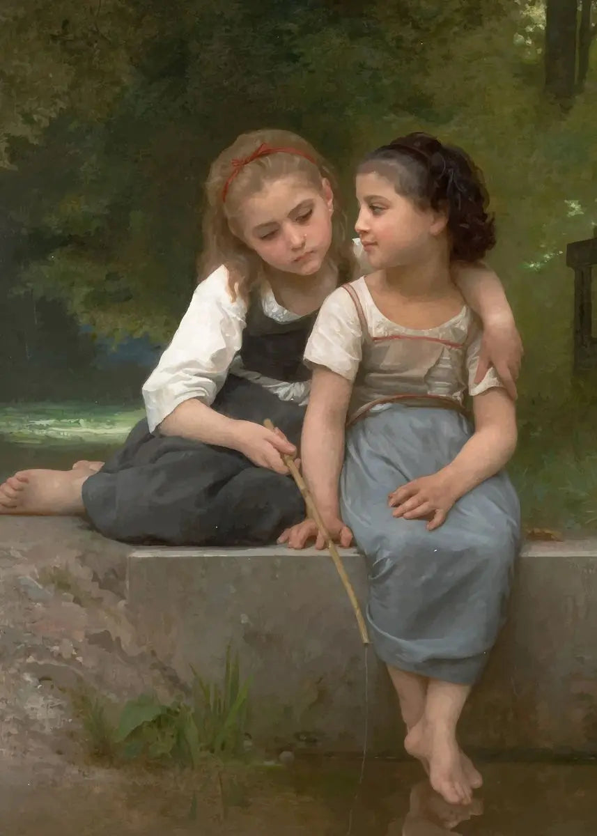 Two young girls sitting by a stream in a natural setting