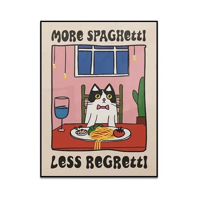 Cartoon cat at a table with spaghetti and text 'More Spaghetti Less Regretti' on a beige background
