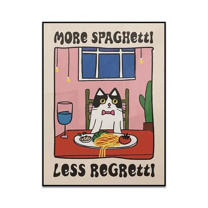 Cartoon cat at a table with spaghetti and text 'More Spaghetti Less Regretti' on a beige background