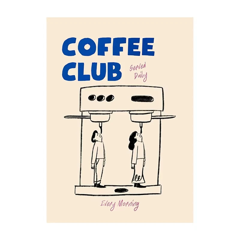 Poster with 'Coffee Club' text and illustration of two people at a coffee machine on a beige background