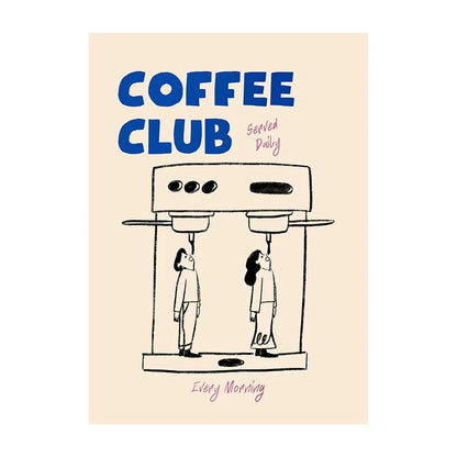 Poster with 'Coffee Club' text and illustration of two people at a coffee machine on a beige background
