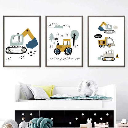 Three framed illustrations of construction vehicles on a wall above a sofa.