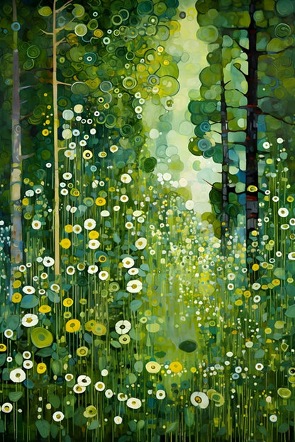 Colorful forest scene with trees and flowers