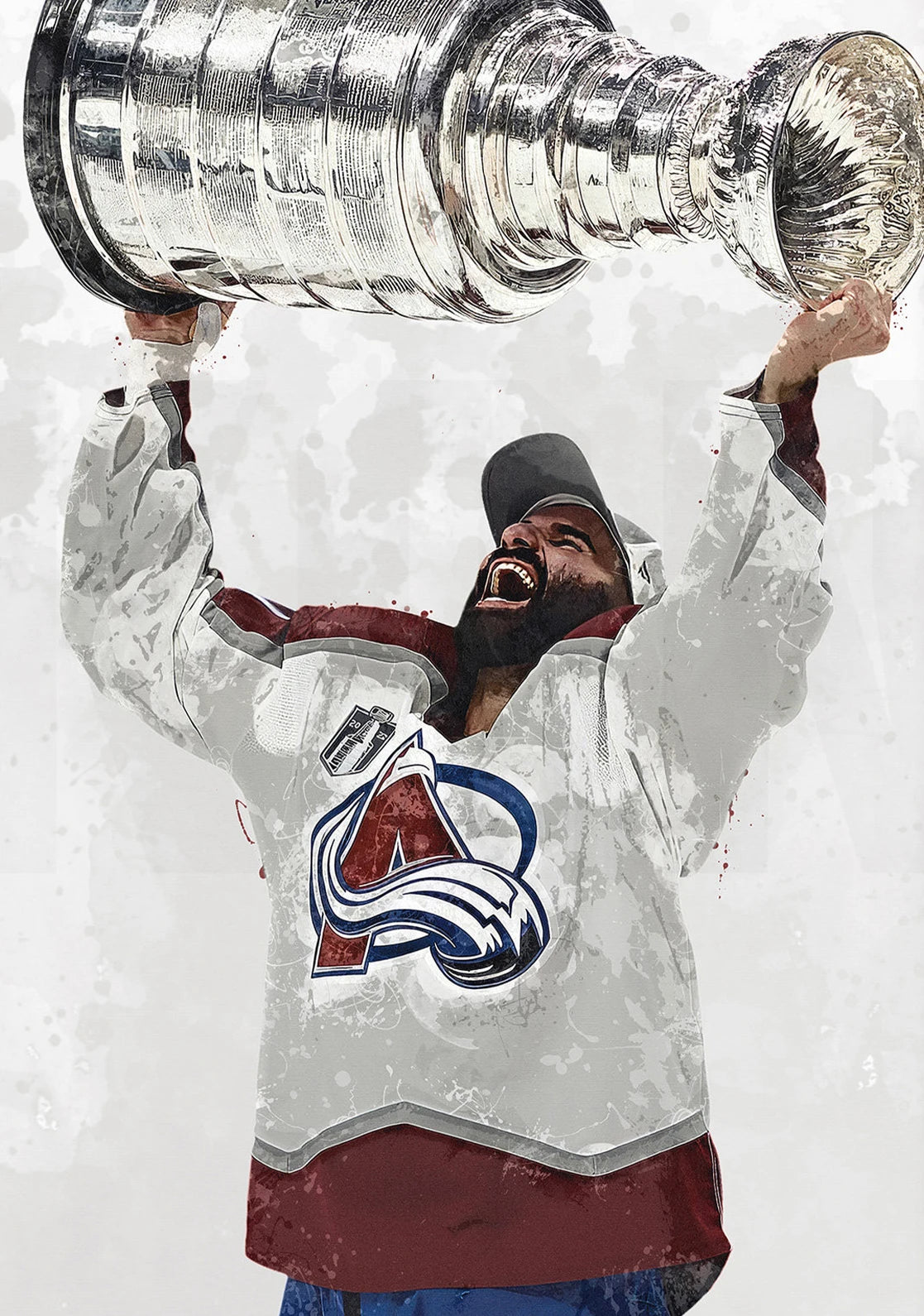 Person holding the Stanley Cup above their head with a snowy background