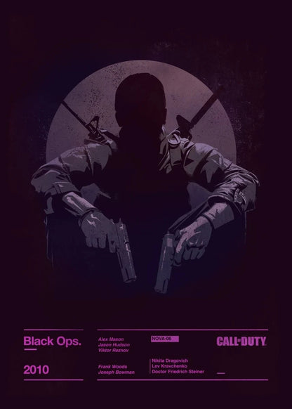 Silhouette of a person holding guns with 'Call of Duty' branding on a dark background
