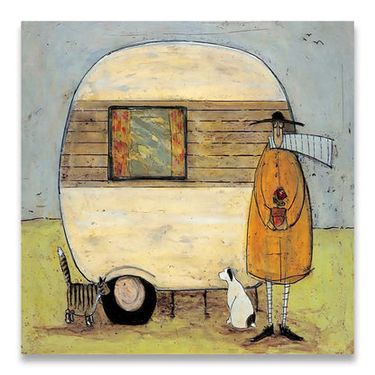 Painting of a person with a dog standing next to a caravan
