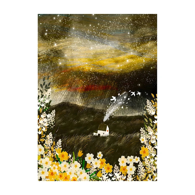 Artistic depiction of a landscape with flowers, a house, and birds against a starry sky.
