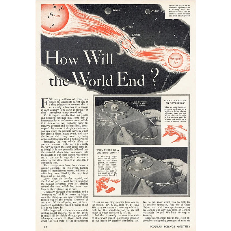 Vintage magazine page about predicting the end of the world with celestial diagram and text.