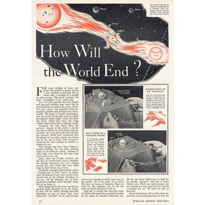 Vintage magazine page about predicting the end of the world with celestial diagram and text.