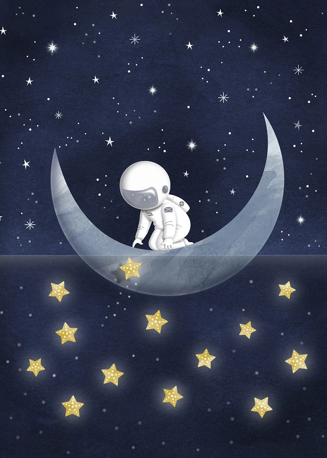 Illustration of an astronaut on a crescent moon with stars in the background