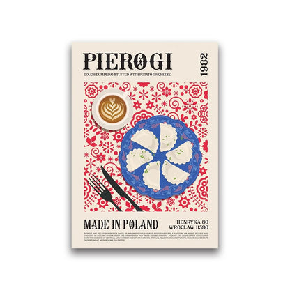 Poster for Pierogi with decorative elements and text on a beige background