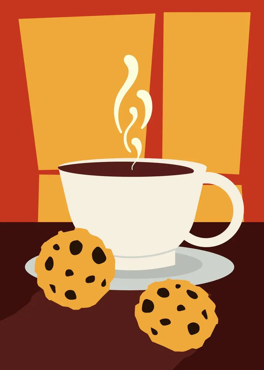 Illustration of a steaming cup of coffee with cookies on a red and orange background