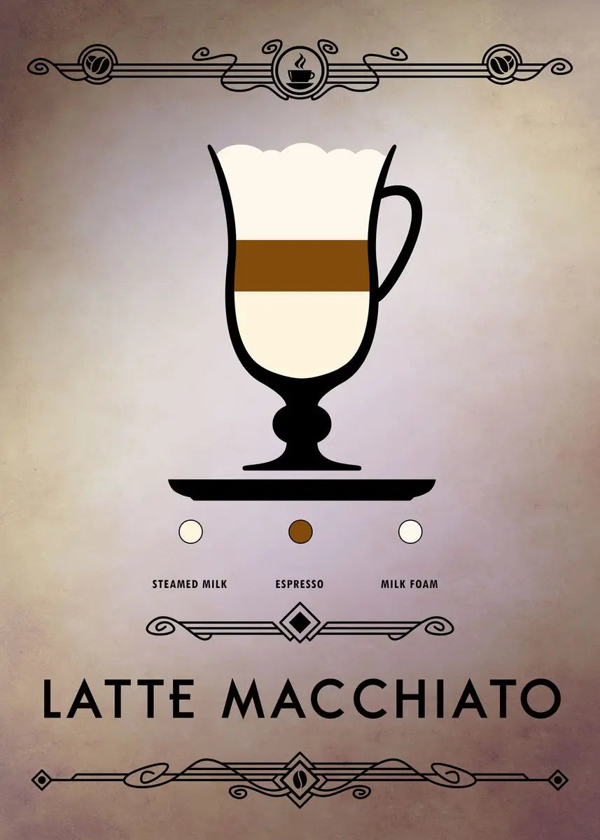 Illustration of a latte macchiato with ingredients listed on a beige background