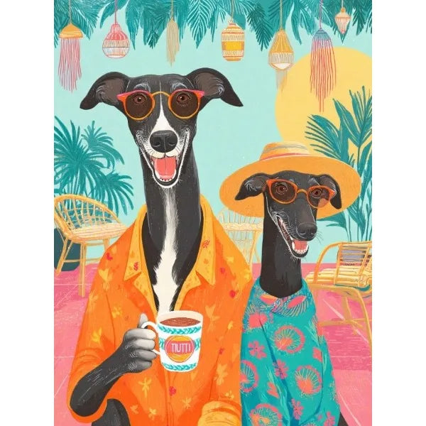 Two dogs in colorful outfits with sunglasses and a coffee cup, set against a tropical background.