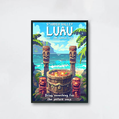 Pixel art poster of a tropical scene with tiki statues and text, framed on a white background.