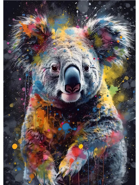 Colorful abstract painting of a koala bear with splashes of paint on a dark background