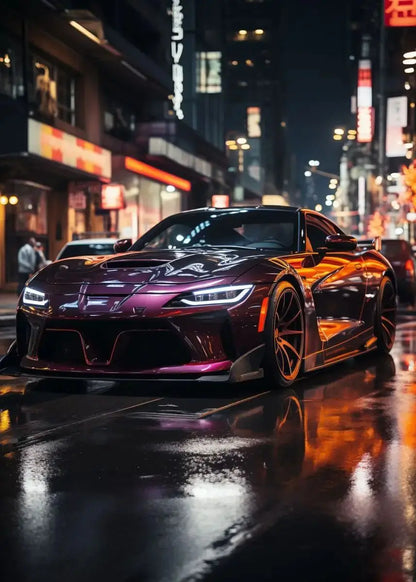 Luxury car on a city street at night with neon lights