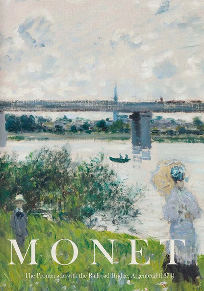 Painting by Monet featuring a river scene with a bridge and people on the bank.