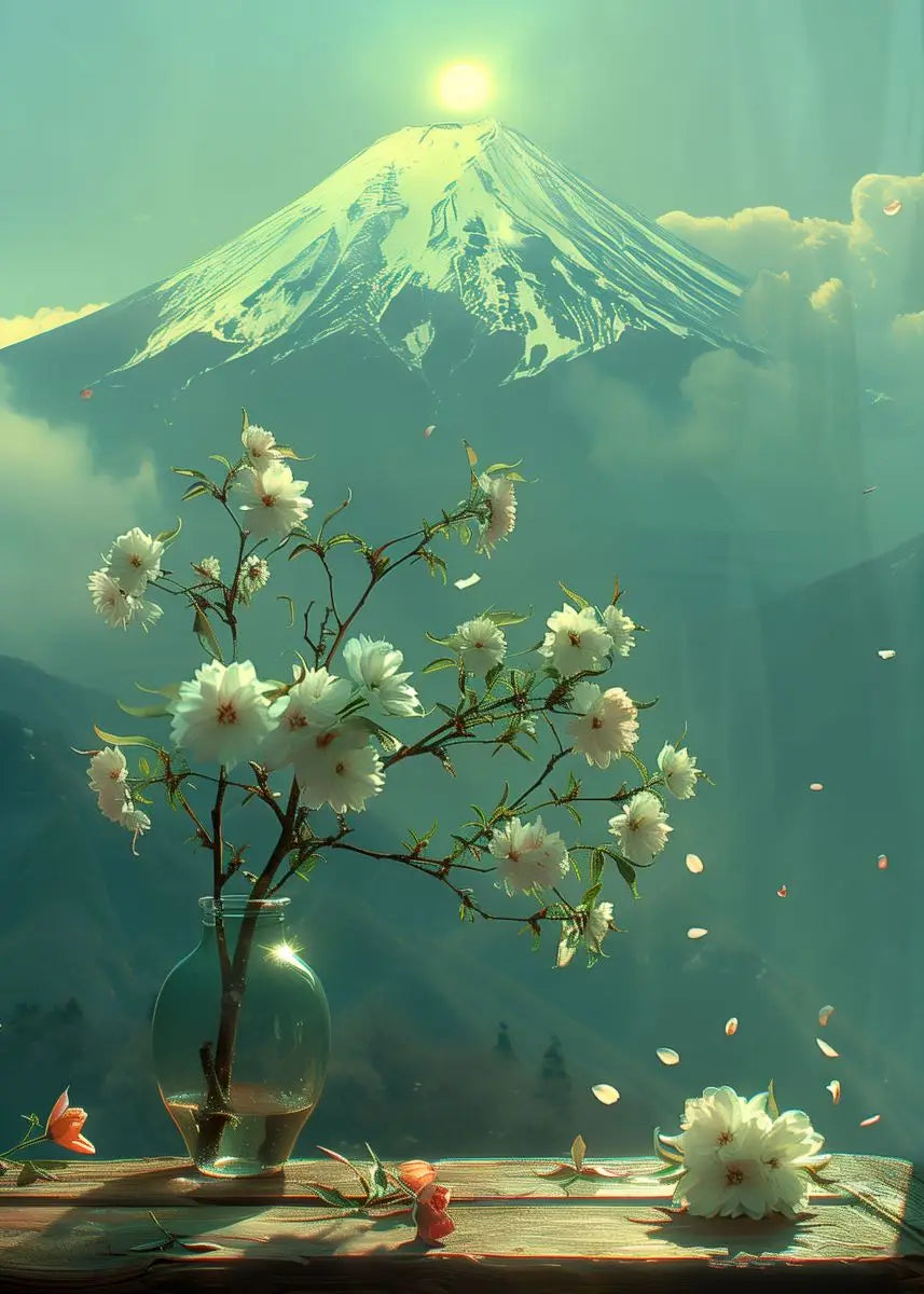 Vase with white flowers in front of a mountain with a bright sun