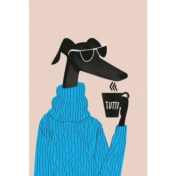 Illustration of a dog wearing sunglasses and a blue sweater, holding a 'TUTTI' coffee cup.