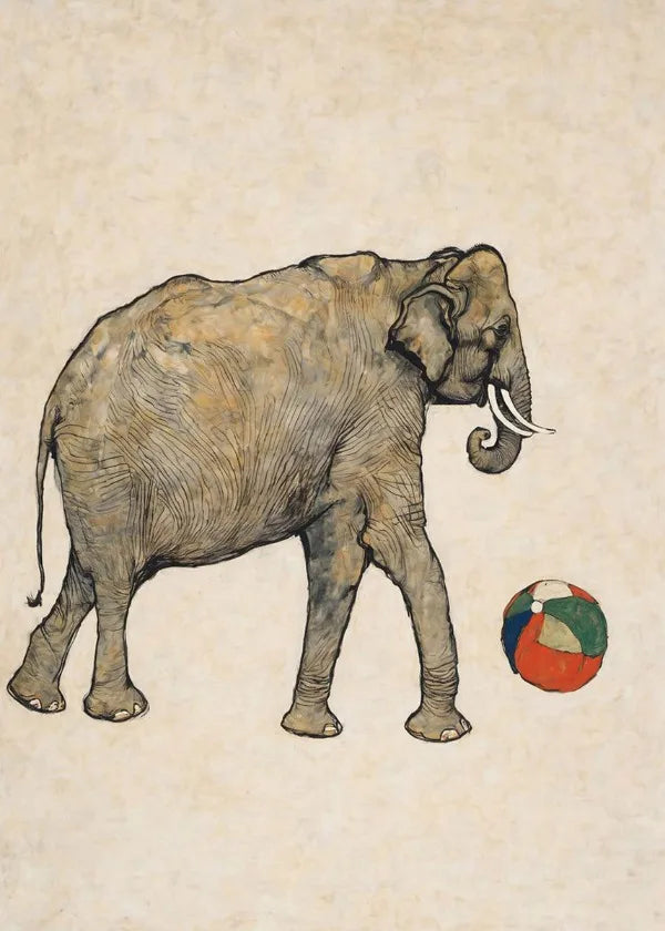 Illustration of an elephant playing with a colorful ball on a beige background