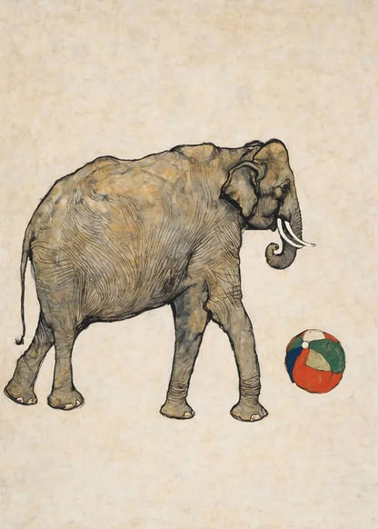 Illustration of an elephant playing with a colorful ball on a beige background