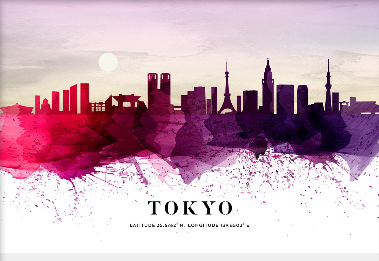 Simplified skyline of Tokyo with watercolor texture on a light background