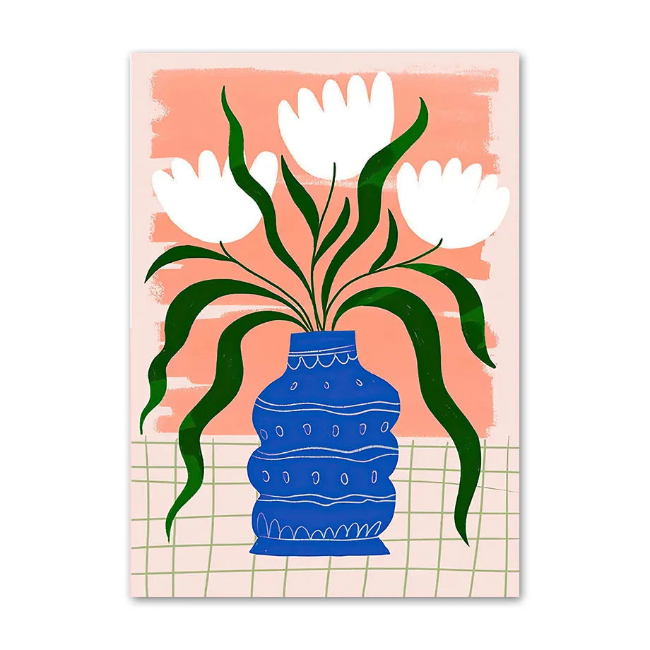 Illustration of a blue vase with white tulips on a pink background
