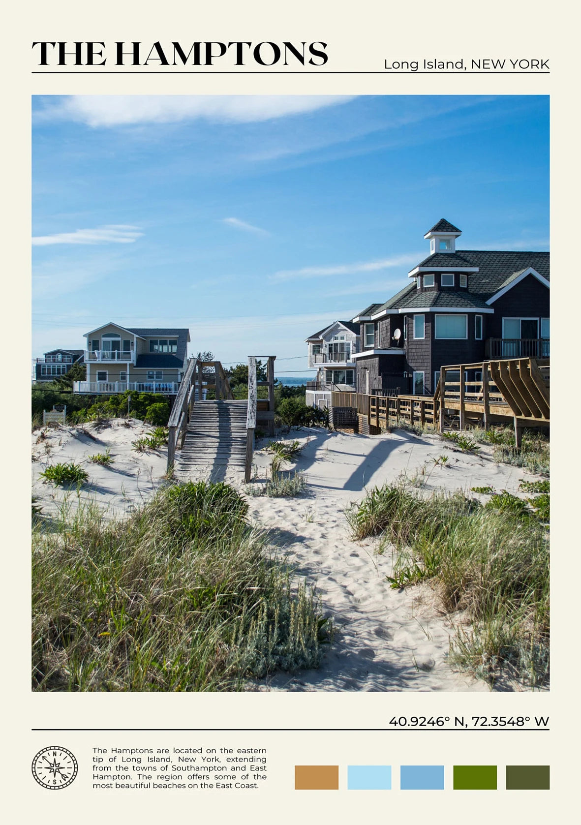 Beach scene with houses and sand, featuring 'The Hamptons' on Long Island, New York.