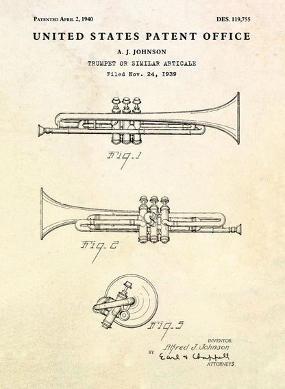 Patent illustration of a trumpet with labeled parts on a beige background