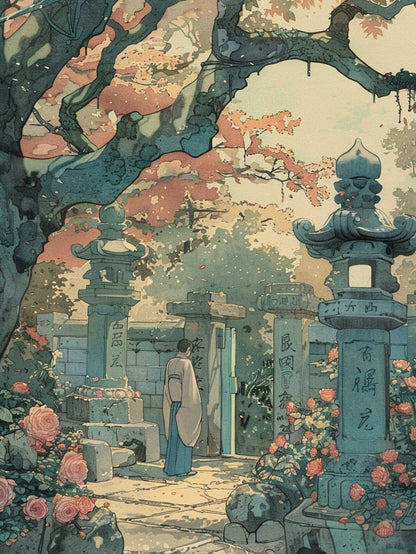 Traditional Japanese scene with a person in a garden, surrounded by cherry blossoms and stone lanterns.