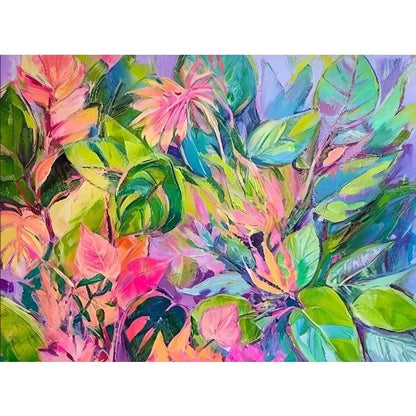 Colorful abstract painting of leaves and flowers